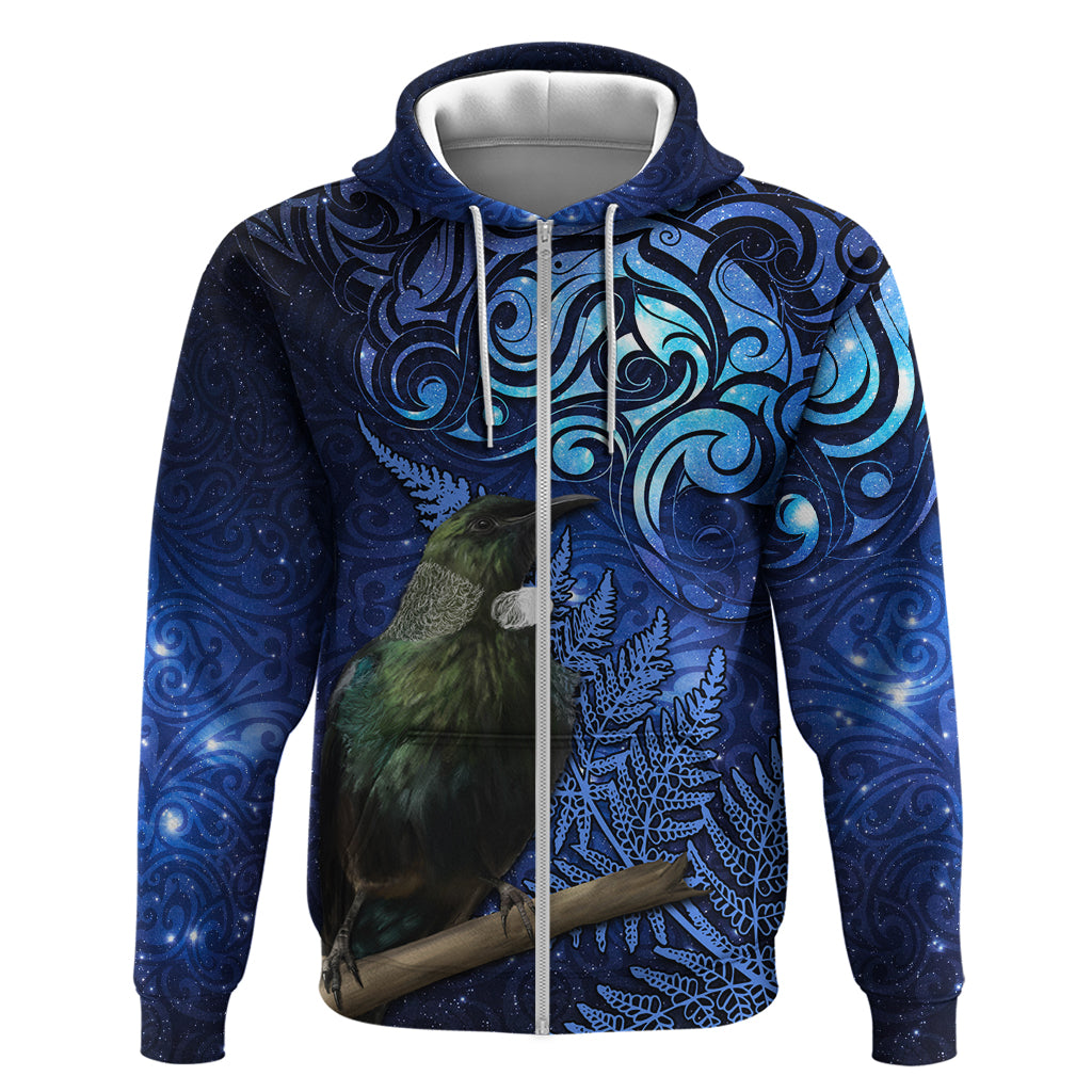 New Zealand Tui Bird Matariki Hoodie Maori New Year with Galaxy Fern LT03 Zip Hoodie Blue - Polynesian Pride