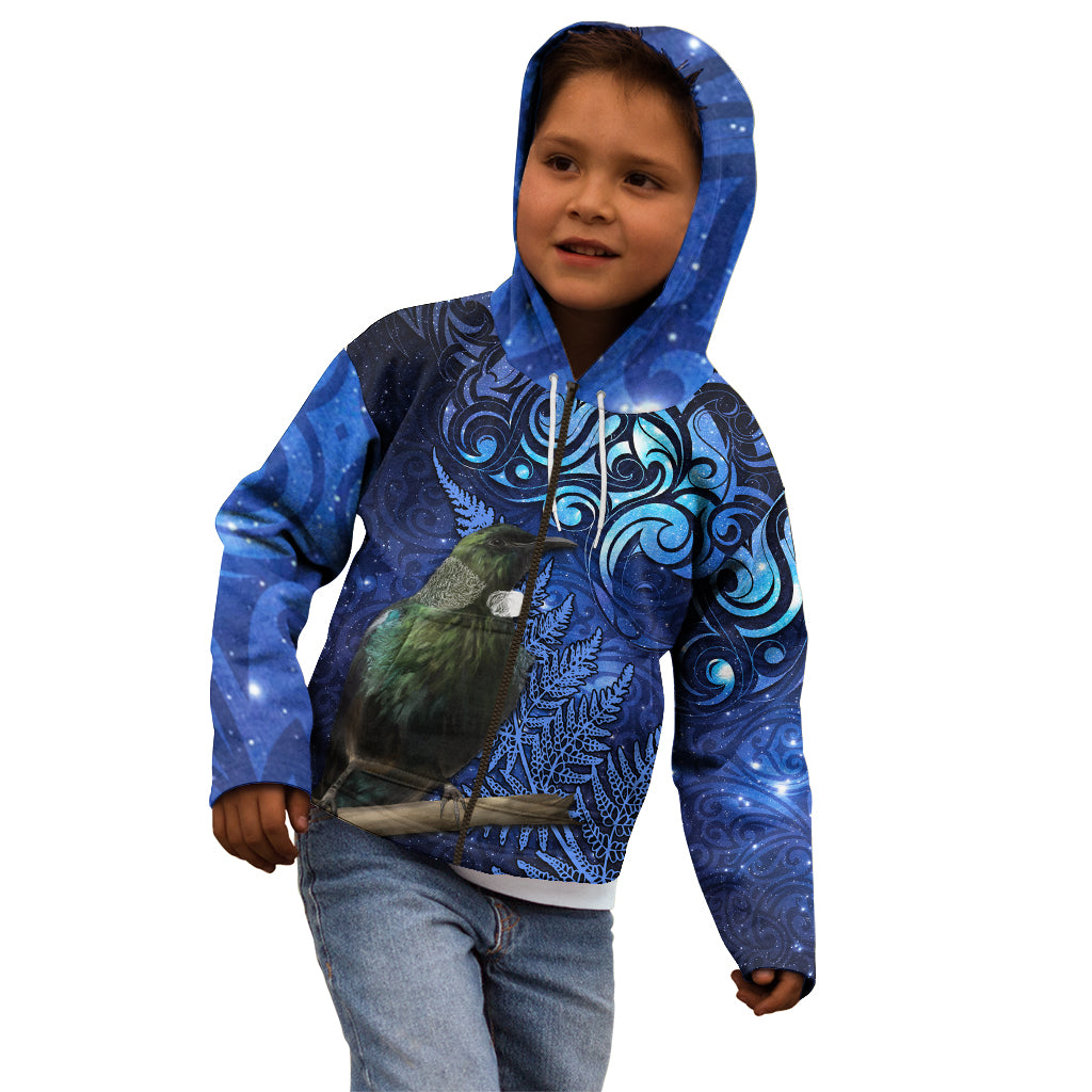 New Zealand Tui Bird Matariki Kid Hoodie Maori New Year with Galaxy Fern LT03 - Polynesian Pride