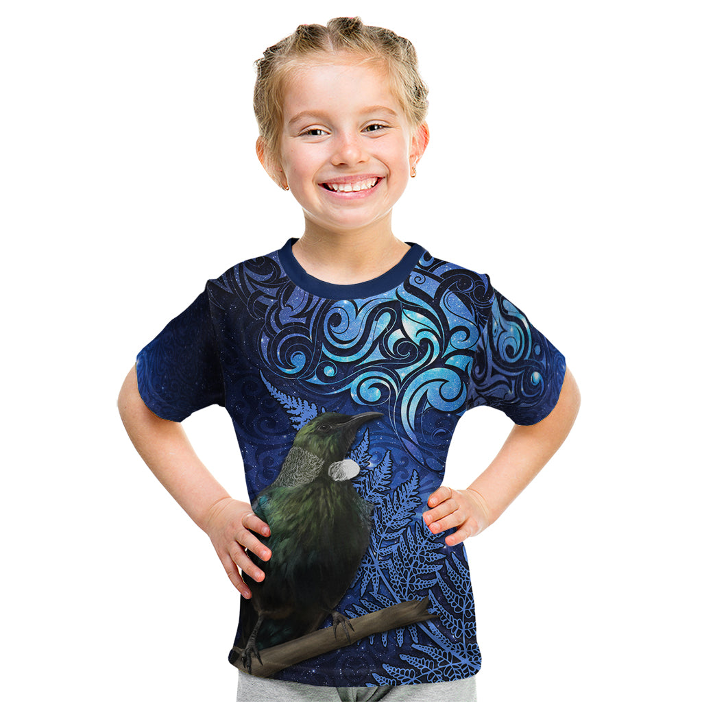 New Zealand Tui Bird Matariki Kid T Shirt Maori New Year with Galaxy Fern LT03 Blue - Polynesian Pride