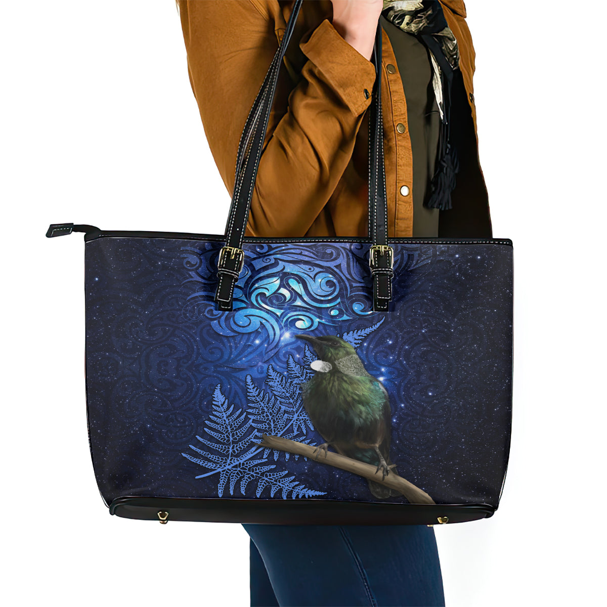 New Zealand Tui Bird Matariki Leather Tote Bag Maori New Year with Galaxy Fern LT03 - Polynesian Pride