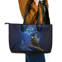 New Zealand Tui Bird Matariki Leather Tote Bag Maori New Year with Galaxy Fern LT03 - Polynesian Pride
