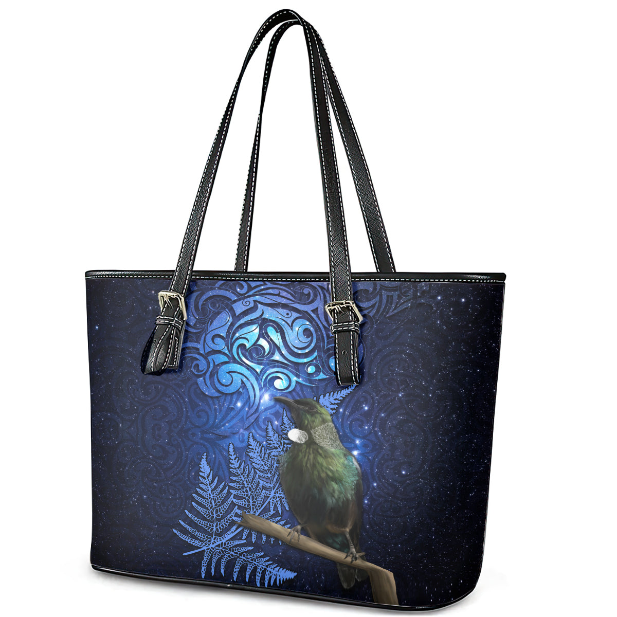 New Zealand Tui Bird Matariki Leather Tote Bag Maori New Year with Galaxy Fern LT03 - Polynesian Pride