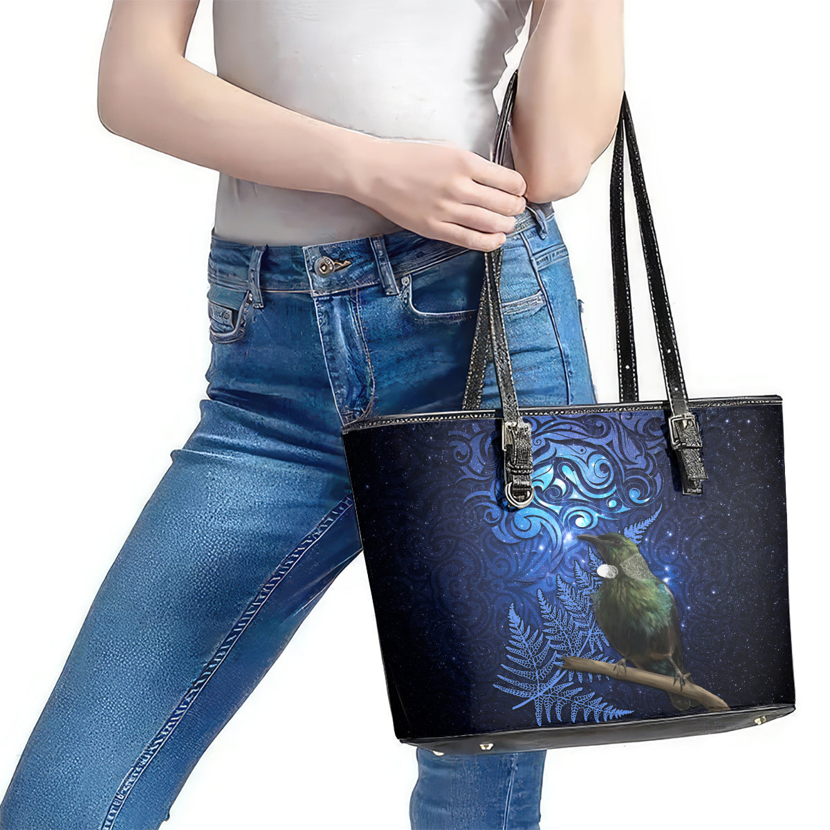 New Zealand Tui Bird Matariki Leather Tote Bag Maori New Year with Galaxy Fern LT03 - Polynesian Pride