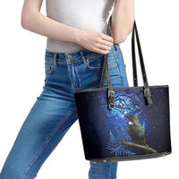 New Zealand Tui Bird Matariki Leather Tote Bag Maori New Year with Galaxy Fern LT03 - Polynesian Pride