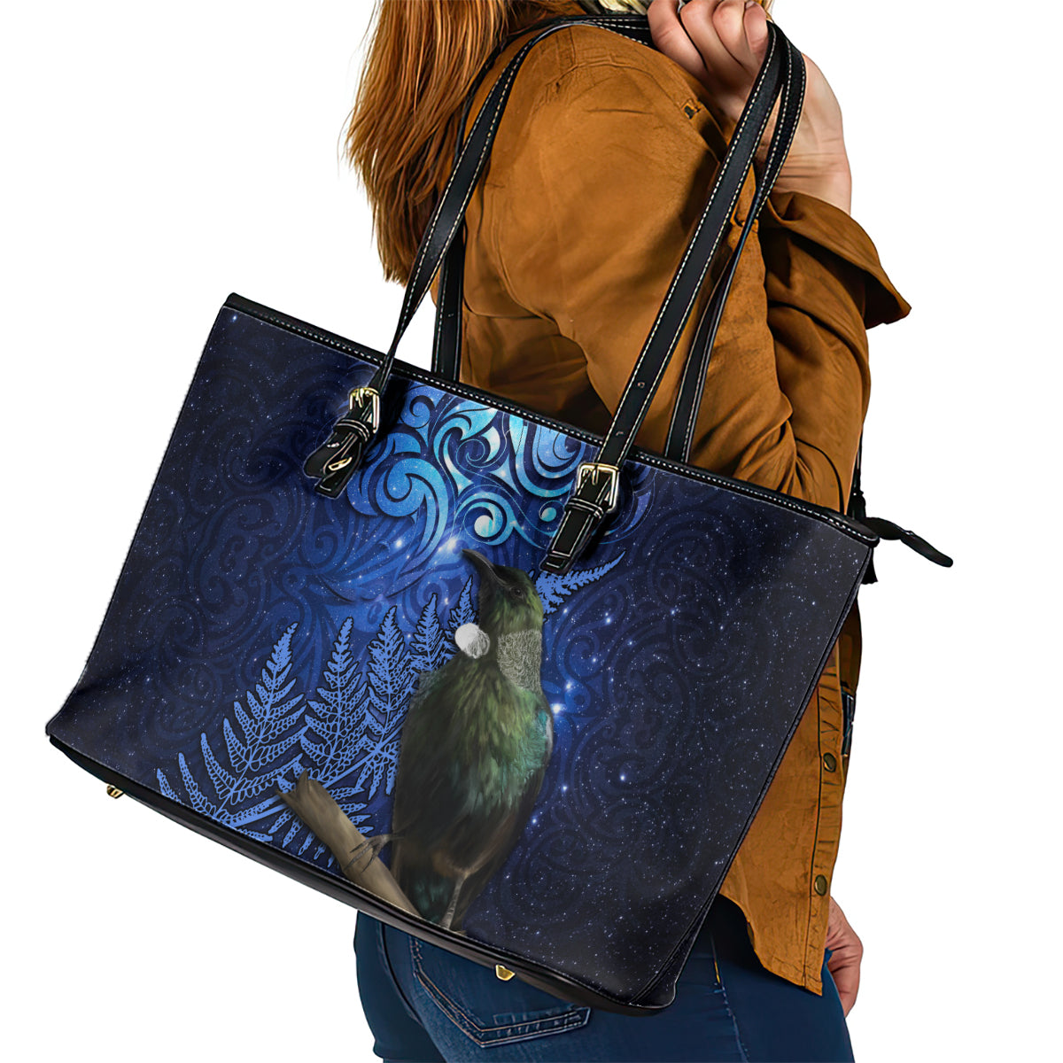 New Zealand Tui Bird Matariki Leather Tote Bag Maori New Year with Galaxy Fern LT03 - Polynesian Pride