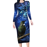 New Zealand Tui Bird Matariki Long Sleeve Bodycon Dress Maori New Year with Galaxy Fern LT03 Long Dress Blue - Polynesian Pride