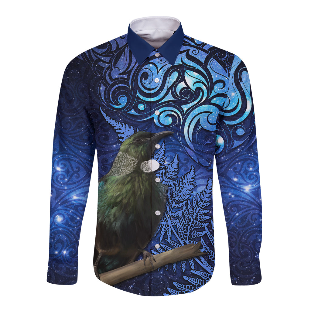 New Zealand Tui Bird Matariki Long Sleeve Button Shirt Maori New Year with Galaxy Fern LT03 Unisex Blue - Polynesian Pride
