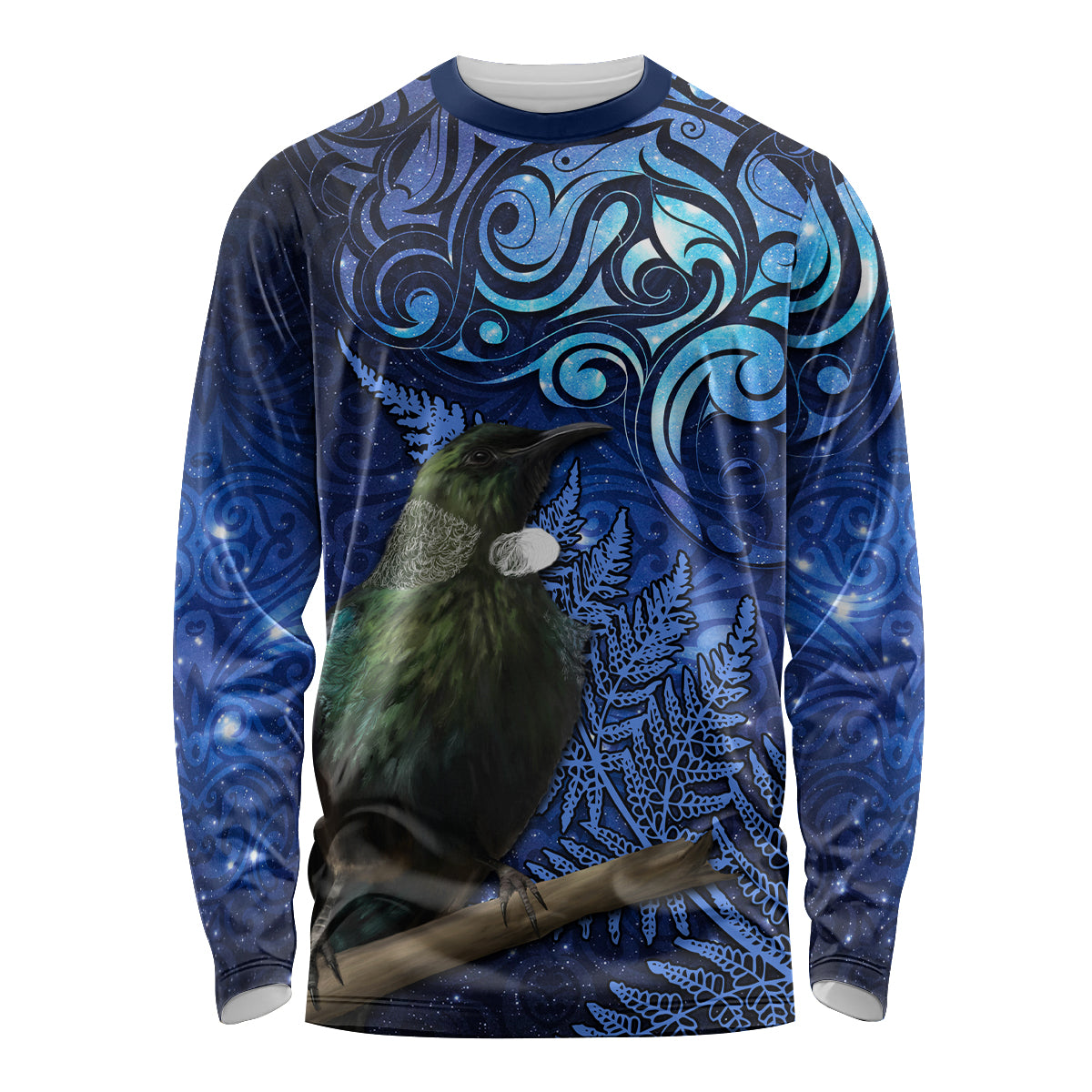 New Zealand Tui Bird Matariki Long Sleeve Shirt Maori New Year with Galaxy Fern LT03 Unisex Blue - Polynesian Pride