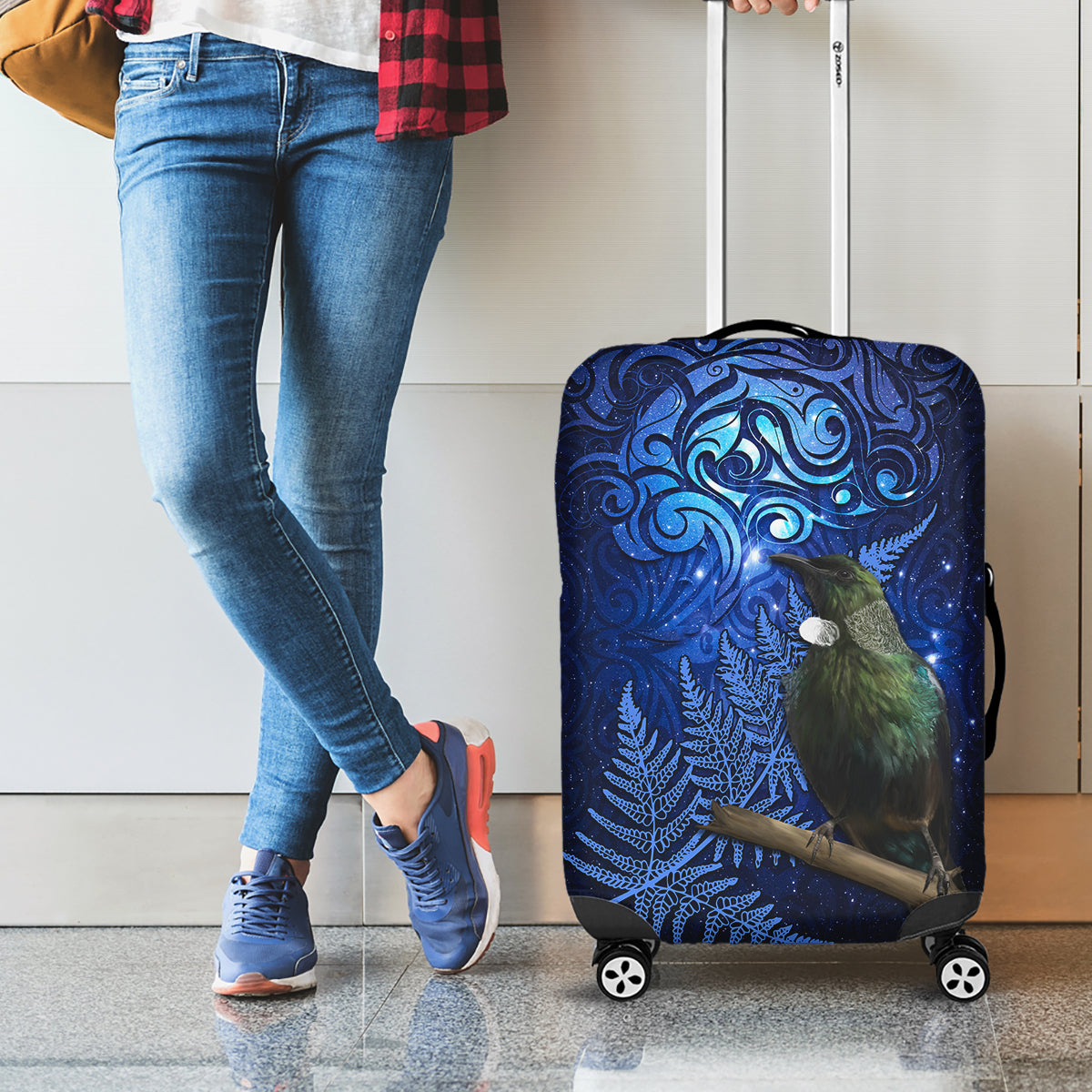 New Zealand Tui Bird Matariki Luggage Cover Maori New Year with Galaxy Fern