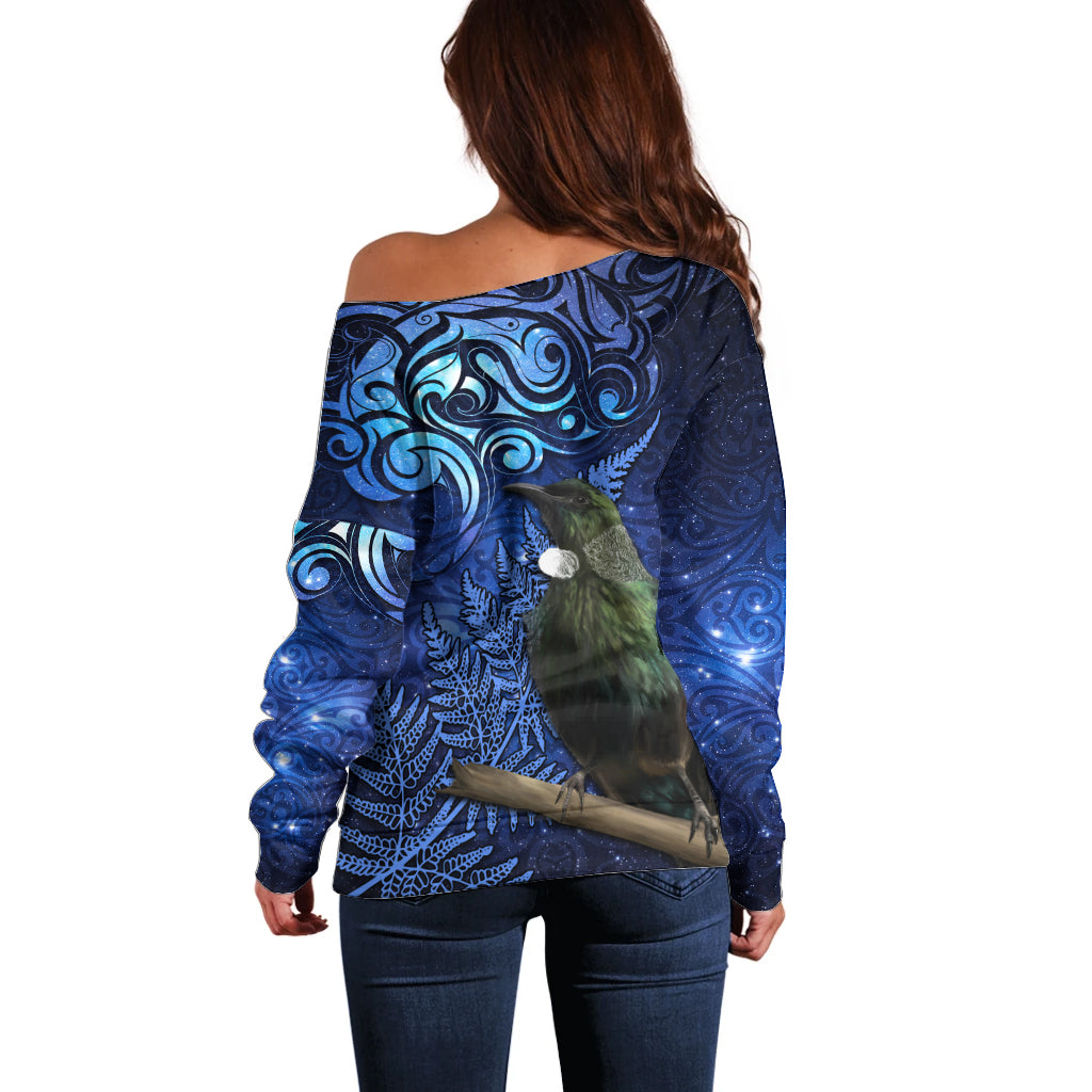 New Zealand Tui Bird Matariki Off Shoulder Sweater Maori New Year with Galaxy Fern LT03 - Polynesian Pride