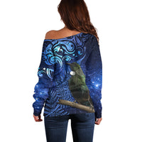 New Zealand Tui Bird Matariki Off Shoulder Sweater Maori New Year with Galaxy Fern LT03 - Polynesian Pride