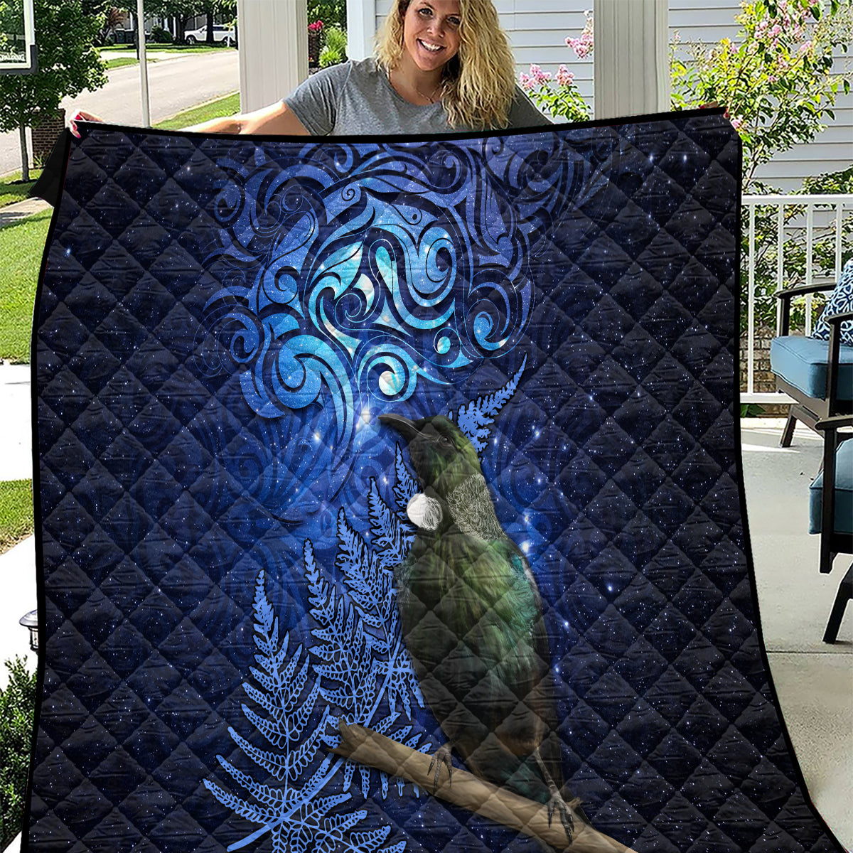 New Zealand Tui Bird Matariki Quilt Maori New Year with Galaxy Fern LT03 Blue - Polynesian Pride