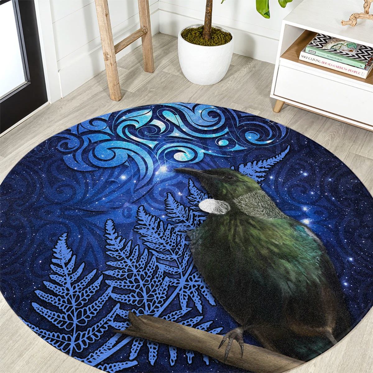 New Zealand Tui Bird Matariki Round Carpet Maori New Year with Galaxy Fern LT03 Blue - Polynesian Pride