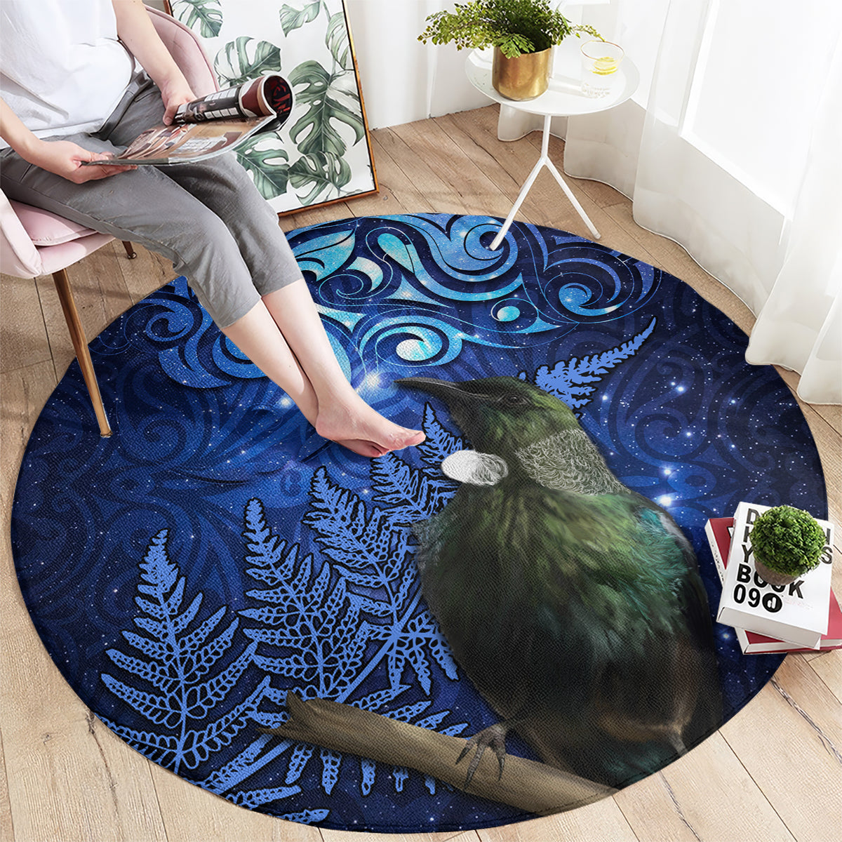New Zealand Tui Bird Matariki Round Carpet Maori New Year with Galaxy Fern LT03 - Polynesian Pride