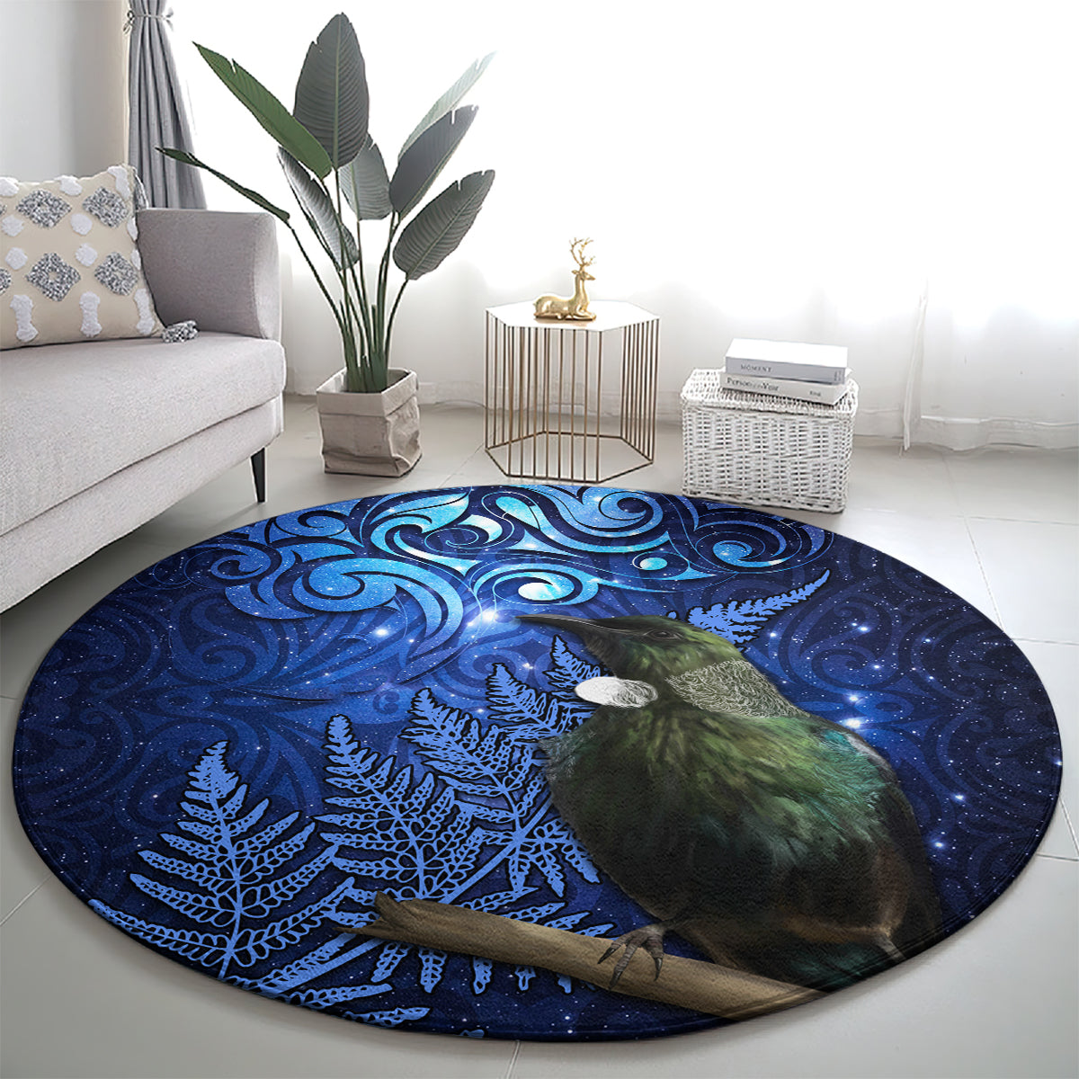 New Zealand Tui Bird Matariki Round Carpet Maori New Year with Galaxy Fern LT03 - Polynesian Pride