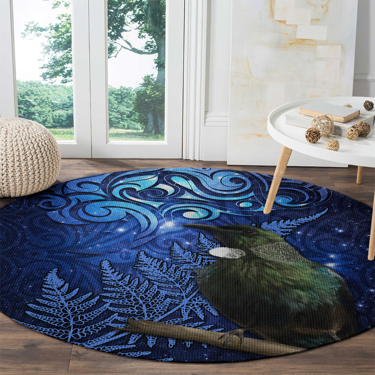 New Zealand Tui Bird Matariki Round Carpet Maori New Year with Galaxy Fern LT03 - Polynesian Pride