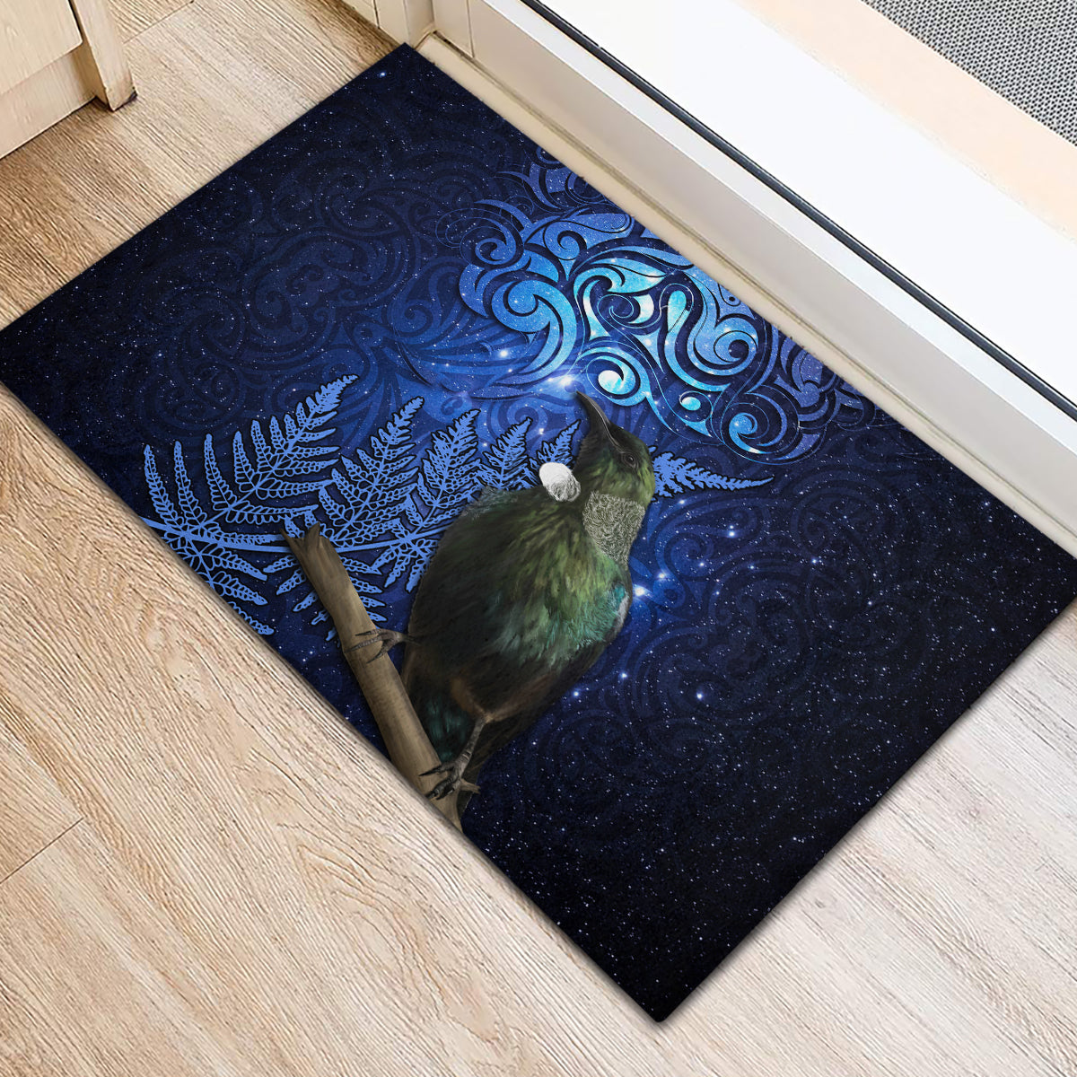 New Zealand Tui Bird Matariki Rubber Doormat Maori New Year with Galaxy Fern LT03 - Polynesian Pride