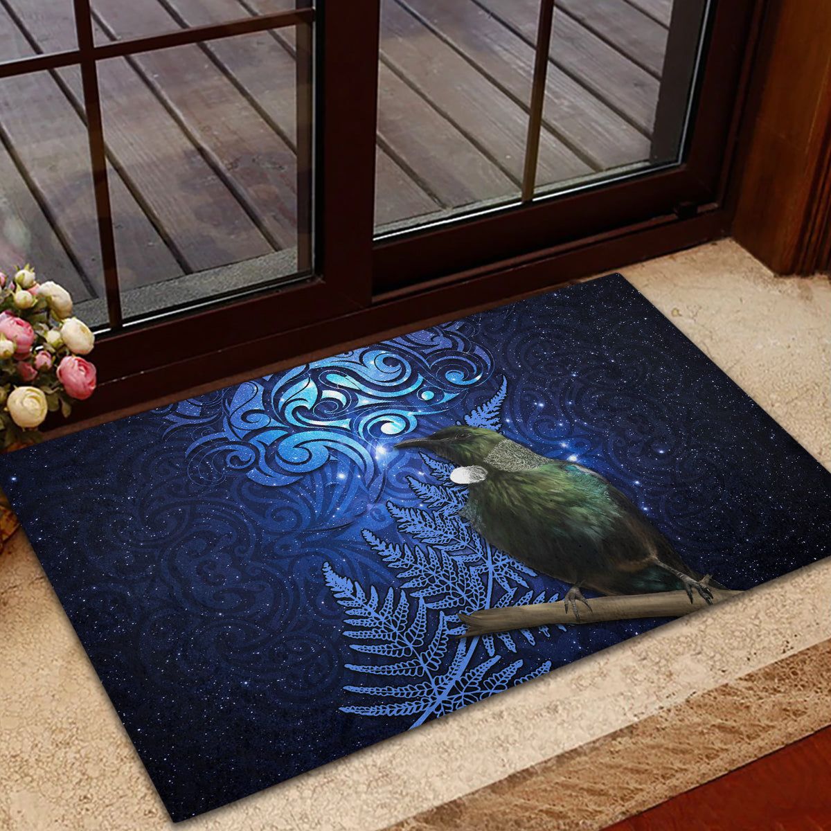 New Zealand Tui Bird Matariki Rubber Doormat Maori New Year with Galaxy Fern LT03 - Polynesian Pride
