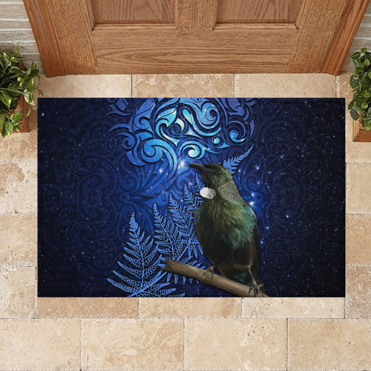 New Zealand Tui Bird Matariki Rubber Doormat Maori New Year with Galaxy Fern LT03 - Polynesian Pride