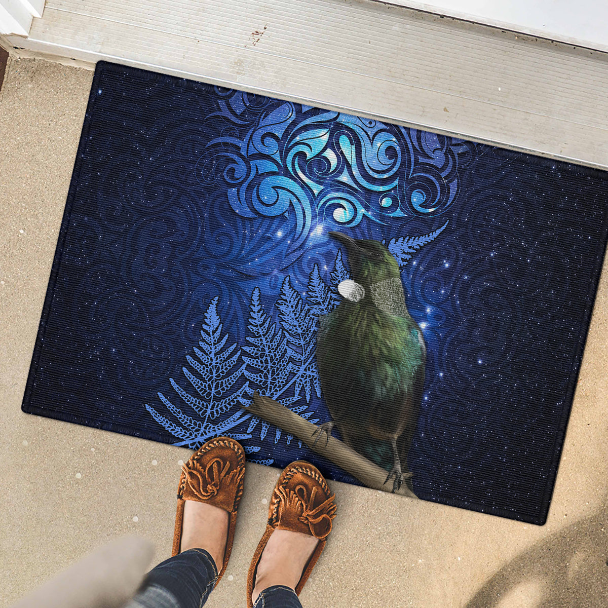 New Zealand Tui Bird Matariki Rubber Doormat Maori New Year with Galaxy Fern LT03 - Polynesian Pride