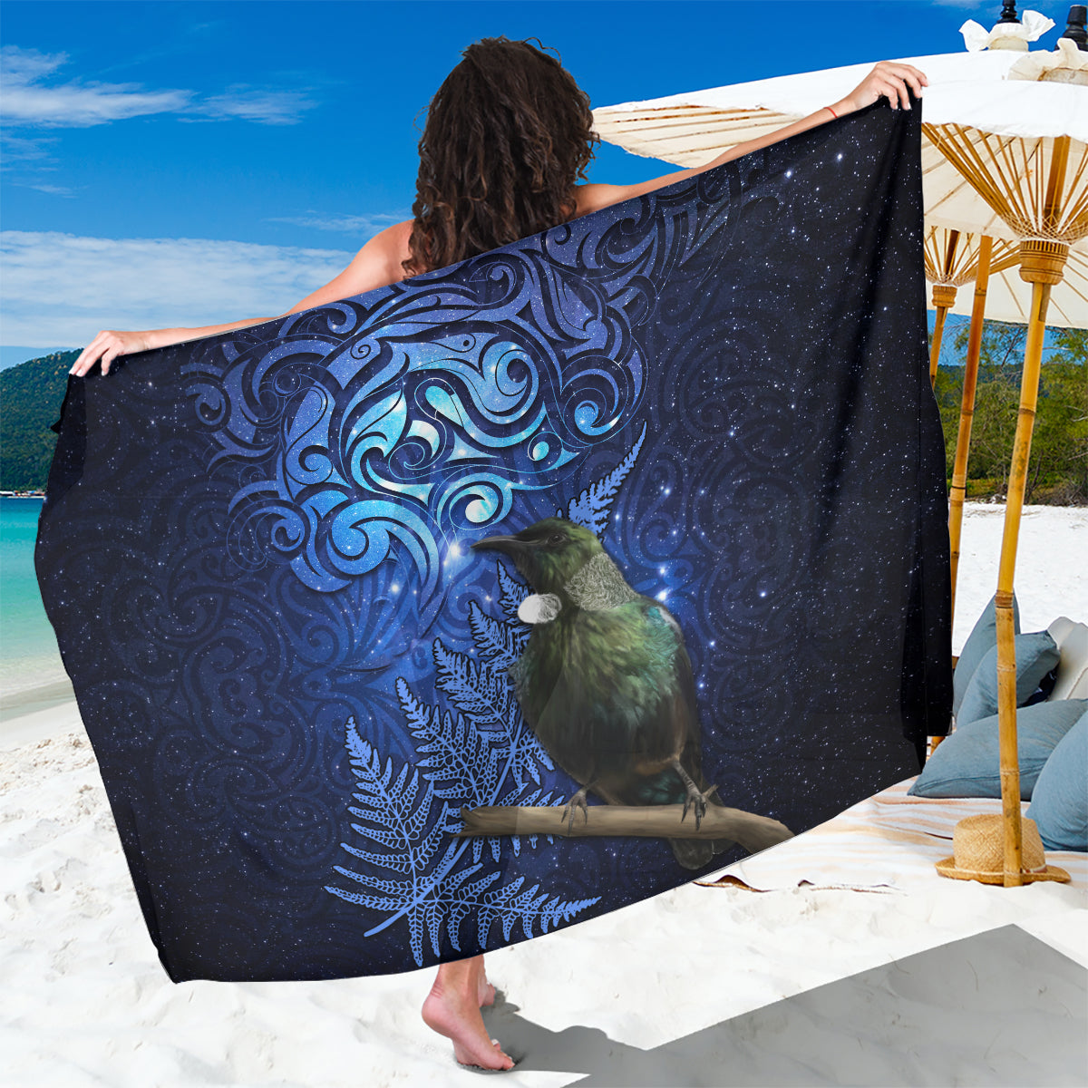 New Zealand Tui Bird Matariki Sarong Maori New Year with Galaxy Fern LT03 One Size 44 x 66 inches Blue - Polynesian Pride