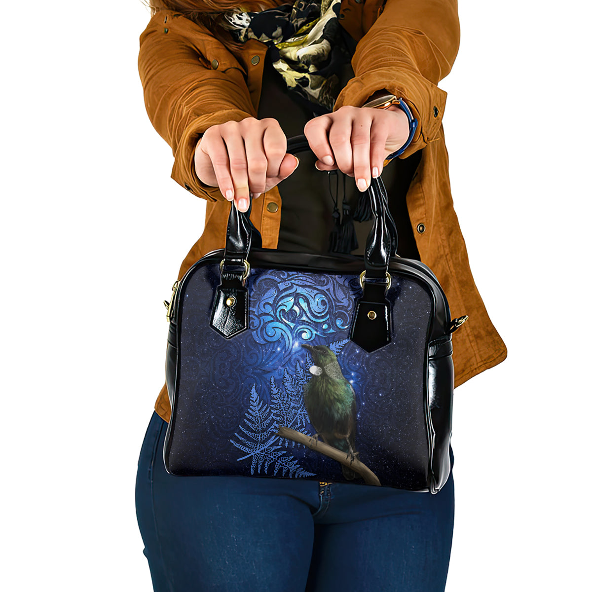 New Zealand Tui Bird Matariki Shoulder Handbag Maori New Year with Galaxy Fern LT03 One Size Blue - Polynesian Pride
