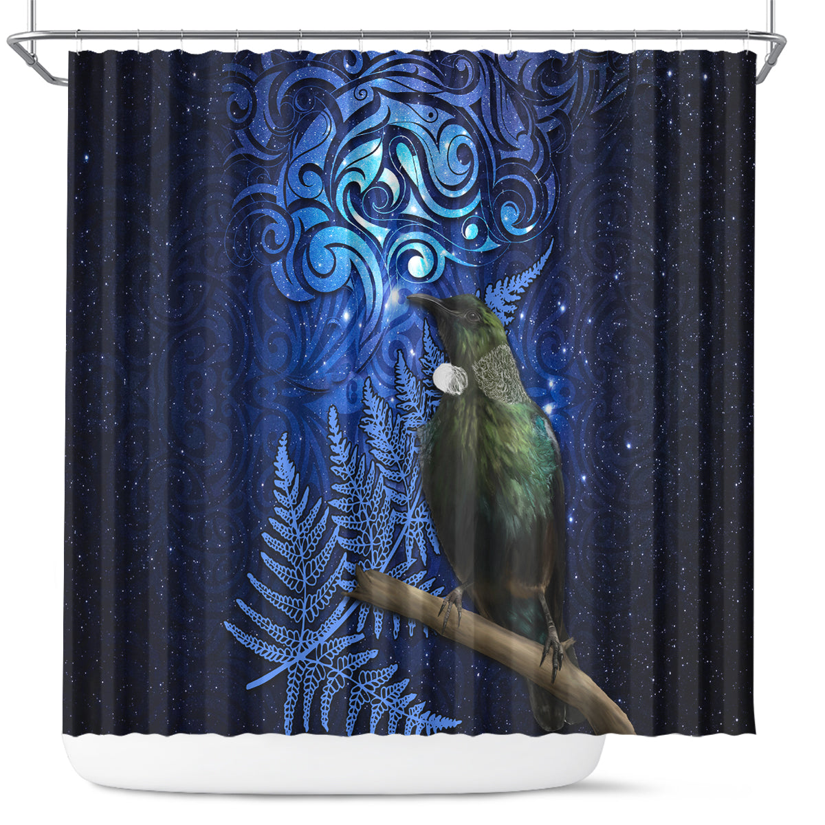 New Zealand Tui Bird Matariki Shower Curtain Maori New Year with Galaxy Fern LT03 Blue - Polynesian Pride