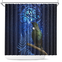 New Zealand Tui Bird Matariki Shower Curtain Maori New Year with Galaxy Fern LT03 Blue - Polynesian Pride
