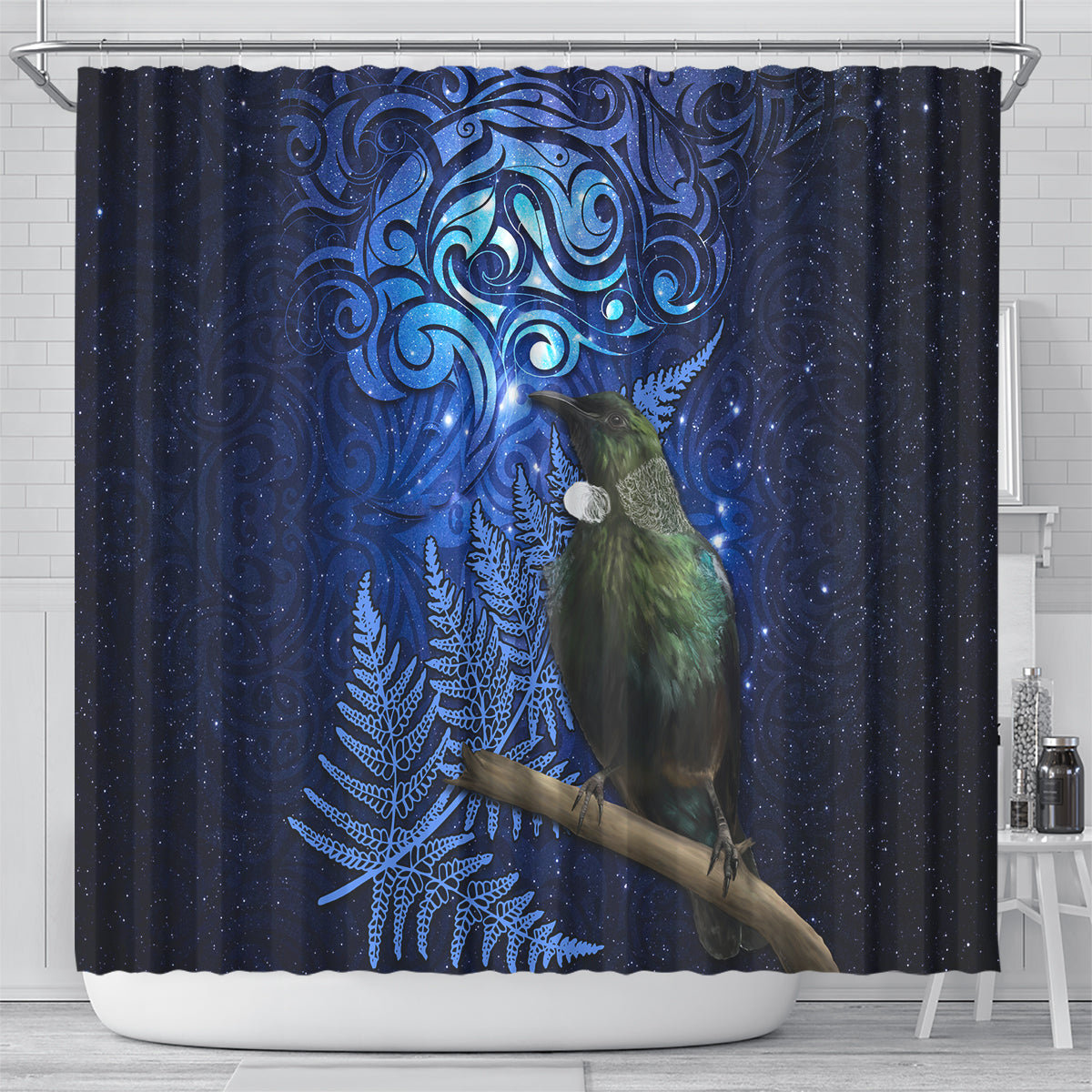 New Zealand Tui Bird Matariki Shower Curtain Maori New Year with Galaxy Fern LT03 - Polynesian Pride