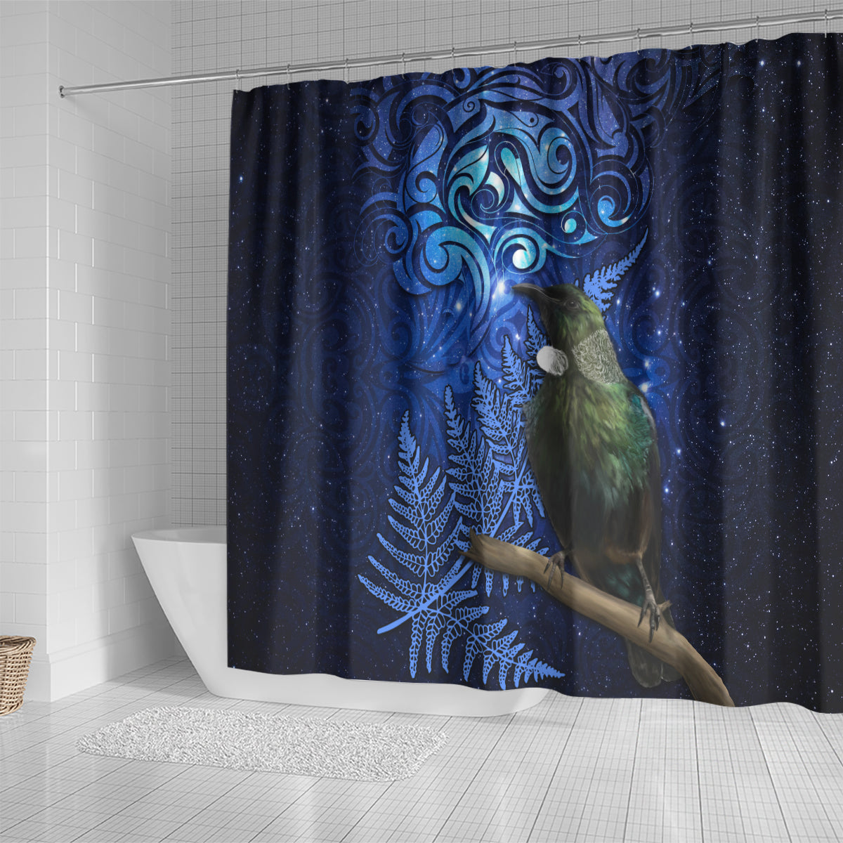 New Zealand Tui Bird Matariki Shower Curtain Maori New Year with Galaxy Fern LT03 - Polynesian Pride