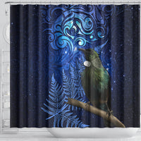 New Zealand Tui Bird Matariki Shower Curtain Maori New Year with Galaxy Fern LT03 - Polynesian Pride
