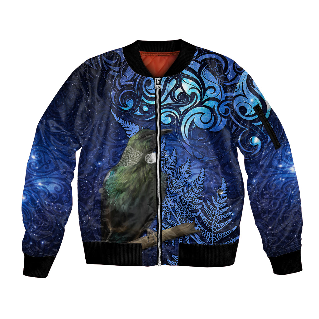 New Zealand Tui Bird Matariki Sleeve Zip Bomber Jacket Maori New Year with Galaxy Fern LT03 Unisex Blue - Polynesian Pride