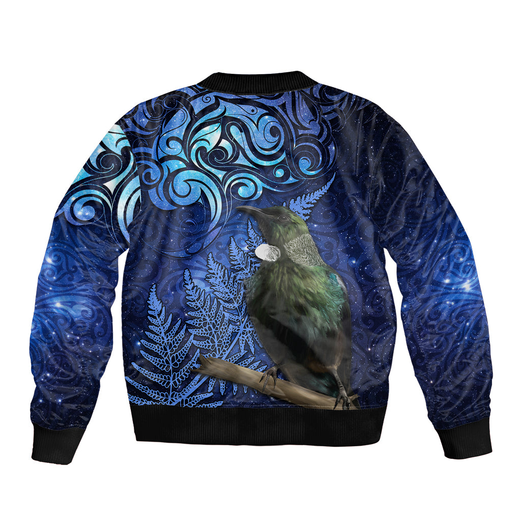 New Zealand Tui Bird Matariki Sleeve Zip Bomber Jacket Maori New Year with Galaxy Fern LT03 - Polynesian Pride