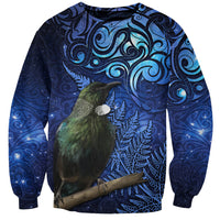 New Zealand Tui Bird Matariki Sweatshirt Maori New Year with Galaxy Fern LT03 Unisex Blue - Polynesian Pride