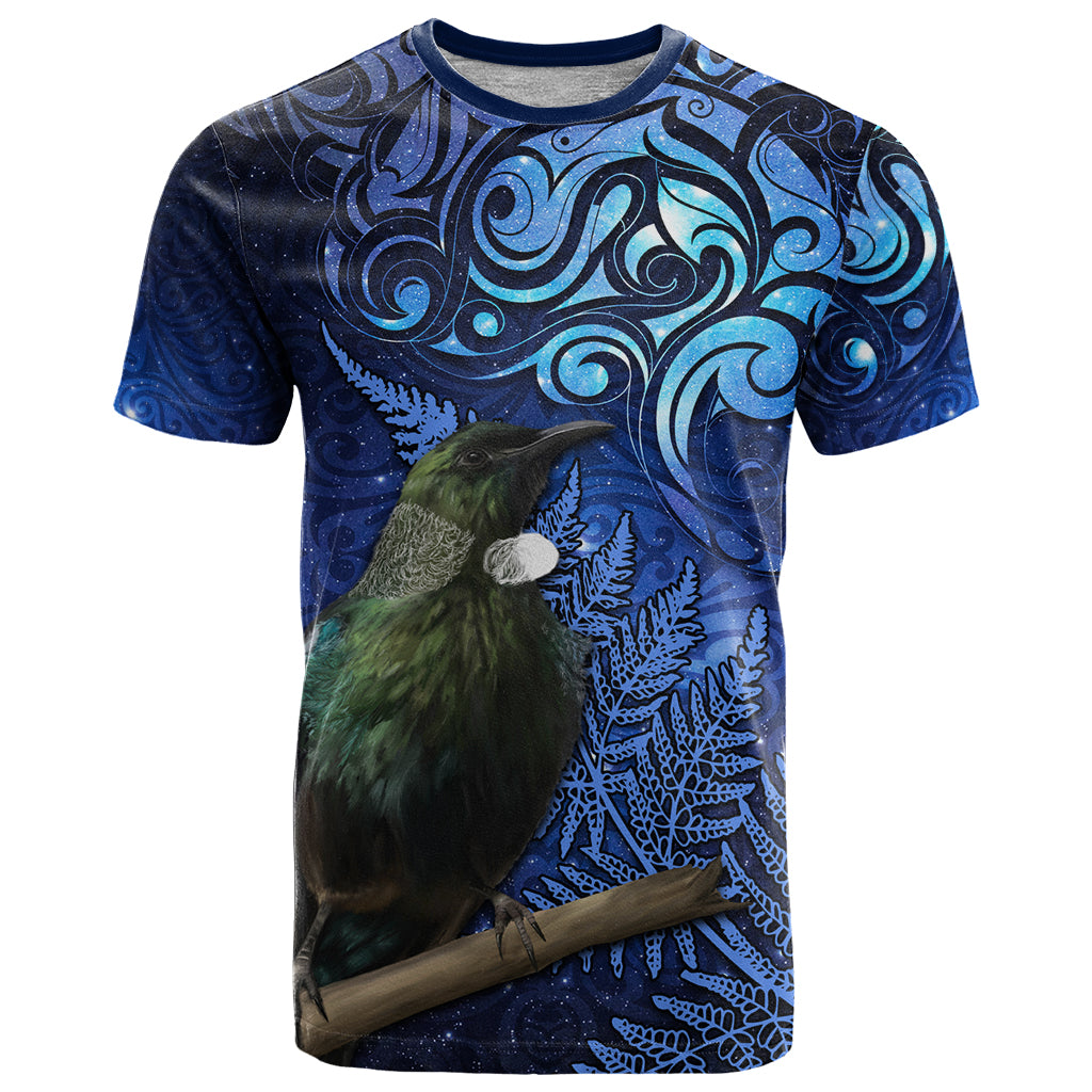 New Zealand Tui Bird Matariki T Shirt Maori New Year with Galaxy Fern LT03 Blue - Polynesian Pride