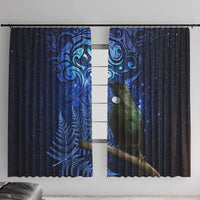 New Zealand Tui Bird Matariki Window Curtain Maori New Year with Galaxy Fern LT03 With Hooks Blue - Polynesian Pride
