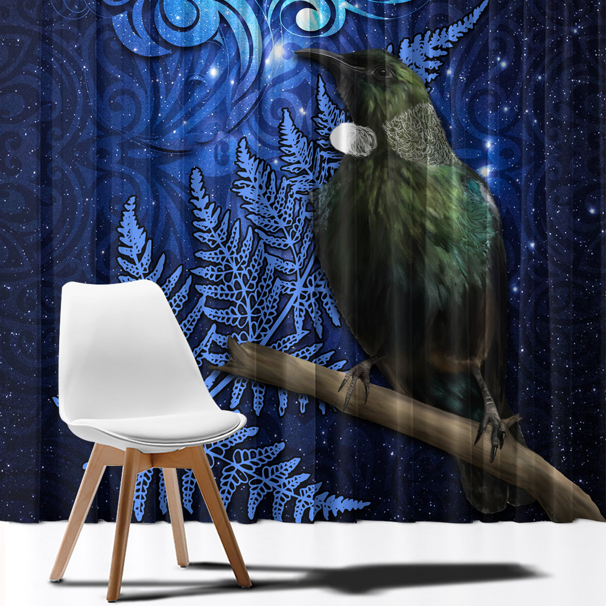 New Zealand Tui Bird Matariki Window Curtain Maori New Year with Galaxy Fern LT03 - Polynesian Pride