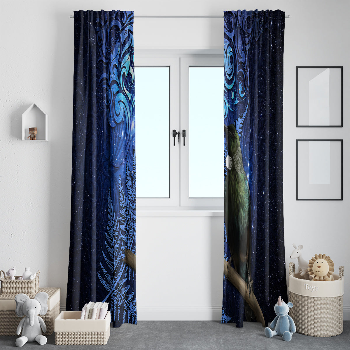 New Zealand Tui Bird Matariki Window Curtain Maori New Year with Galaxy Fern LT03 - Polynesian Pride