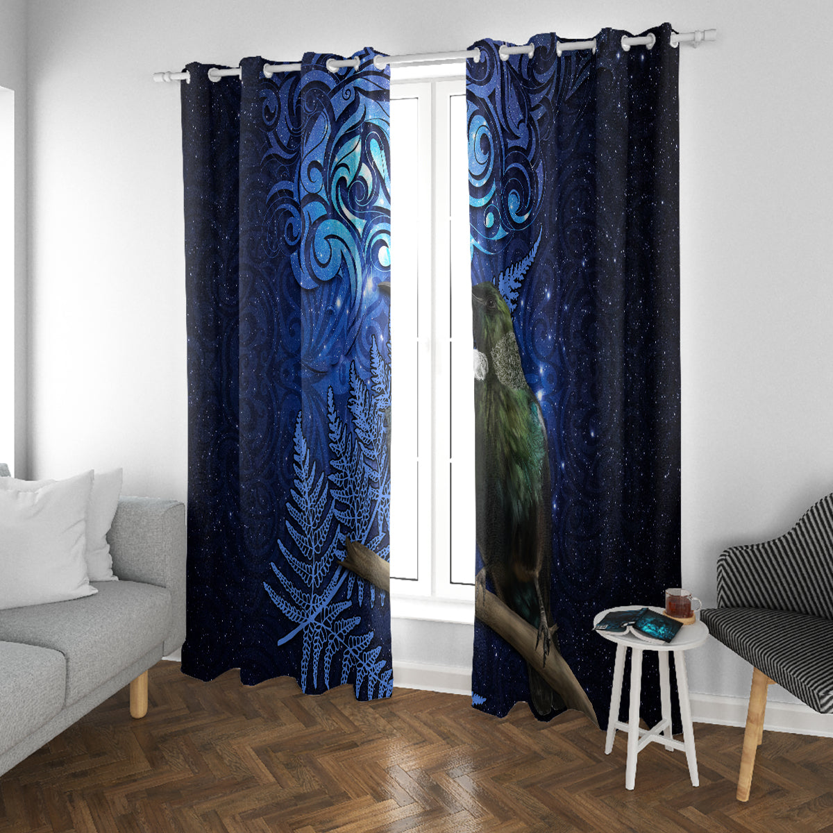 New Zealand Tui Bird Matariki Window Curtain Maori New Year with Galaxy Fern LT03 With Grommets Blue - Polynesian Pride