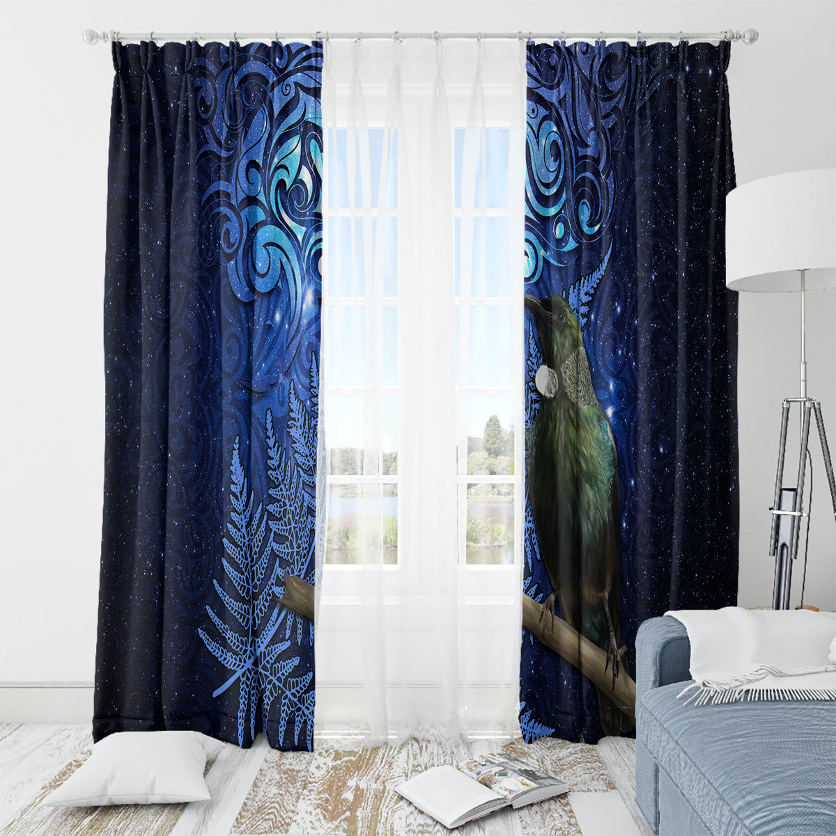 New Zealand Tui Bird Matariki Window Curtain Maori New Year with Galaxy Fern LT03 - Polynesian Pride