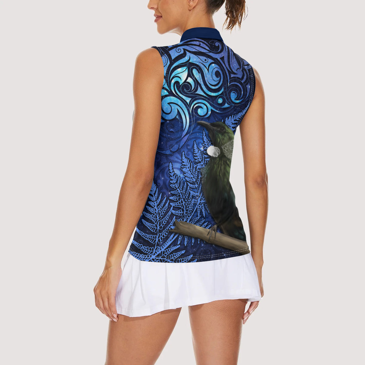 New Zealand Tui Bird Matariki Women Sleeveless Polo Shirt Maori New Year with Galaxy Fern LT03 - Polynesian Pride