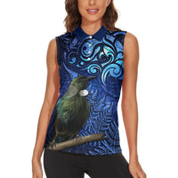New Zealand Tui Bird Matariki Women Sleeveless Polo Shirt Maori New Year with Galaxy Fern LT03 - Polynesian Pride