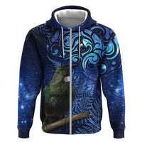 New Zealand Tui Bird Matariki Zip Hoodie Maori New Year with Galaxy Fern LT03 Zip Hoodie Blue - Polynesian Pride