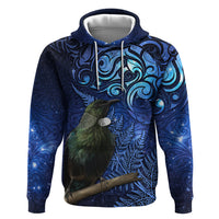 New Zealand Tui Bird Matariki Zip Hoodie Maori New Year with Galaxy Fern LT03 Pullover Hoodie Blue - Polynesian Pride