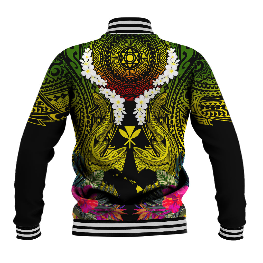 Hawaii Kanaka Maoli Baseball Jacket Double Shark and Hibiscus Flowers