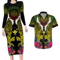 Hawaii Kanaka Maoli Couples Matching Long Sleeve Bodycon Dress and Hawaiian Shirt Double Shark and Hibiscus Flowers LT03 Black - Polynesian Pride