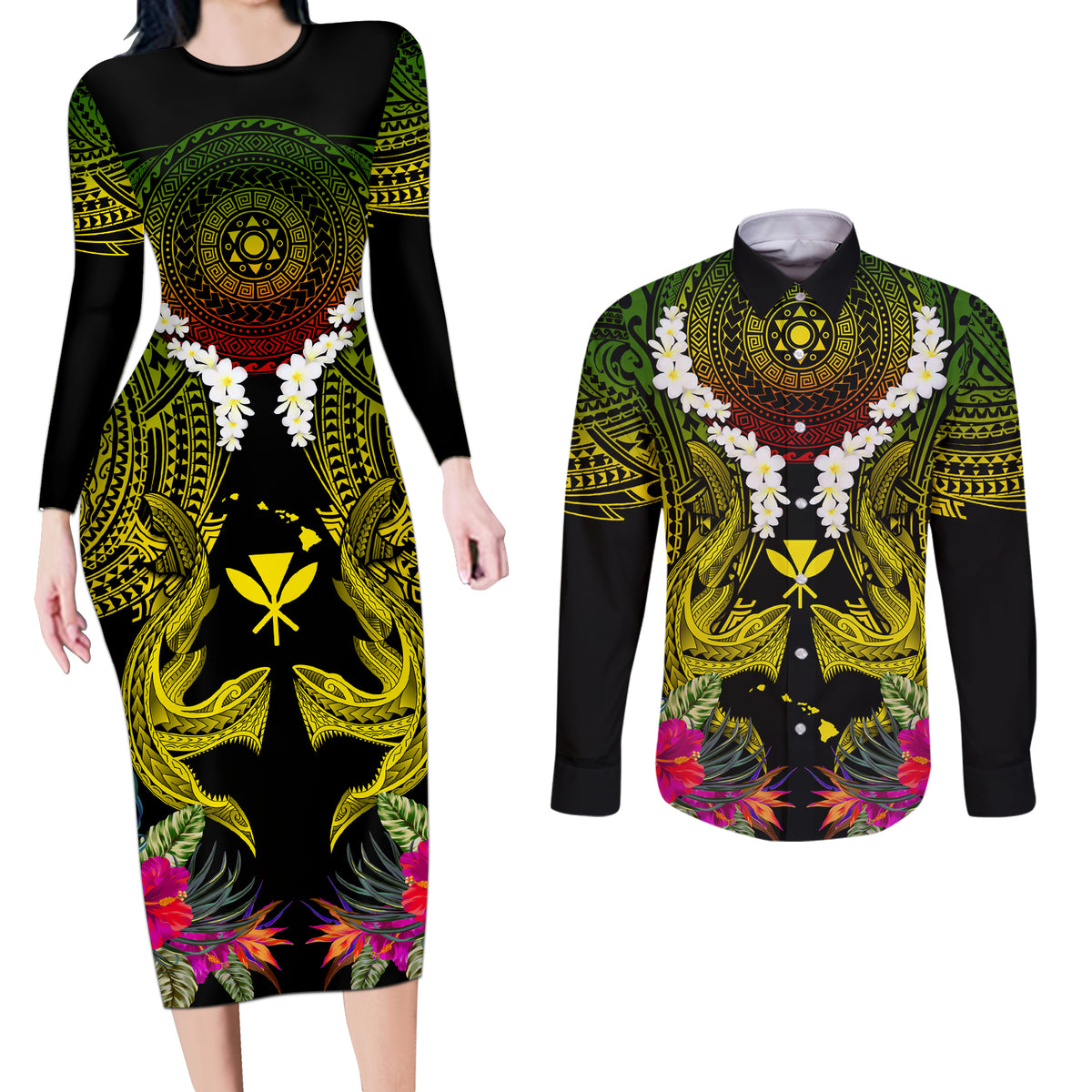 Hawaii Kanaka Maoli Couples Matching Long Sleeve Bodycon Dress and Long Sleeve Button Shirt Double Shark and Hibiscus Flowers LT03 Black - Polynesian Pride