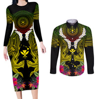 Hawaii Kanaka Maoli Couples Matching Long Sleeve Bodycon Dress and Long Sleeve Button Shirt Double Shark and Hibiscus Flowers LT03 Black - Polynesian Pride