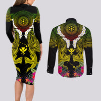 Hawaii Kanaka Maoli Couples Matching Long Sleeve Bodycon Dress and Long Sleeve Button Shirt Double Shark and Hibiscus Flowers LT03 - Polynesian Pride