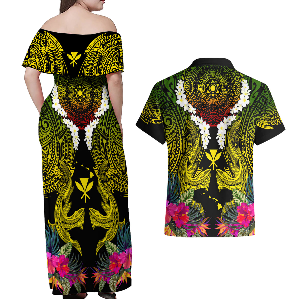 Hawaii Kanaka Maoli Couples Matching Off Shoulder Maxi Dress and Hawaiian Shirt Double Shark and Hibiscus Flowers LT03 - Polynesian Pride